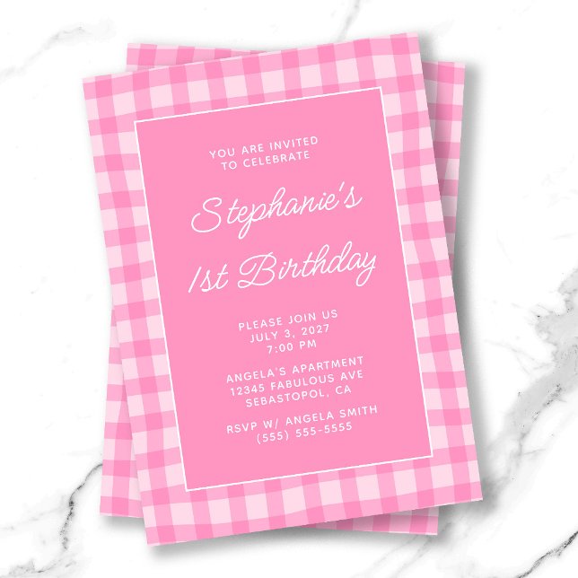 Invitación Gingham Rosa Ondulado de Verano Cumpleaños 1 Temát (Wavy Pink Summer Gingham Bold 1st Birthday Invitation)