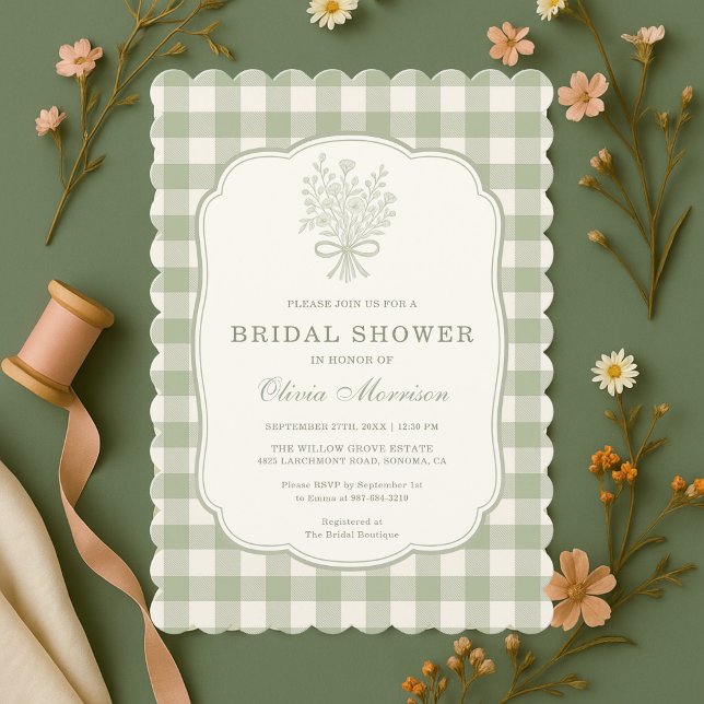 Invitación Gingham Sage Green Bridal Shower (Subido por el creador)