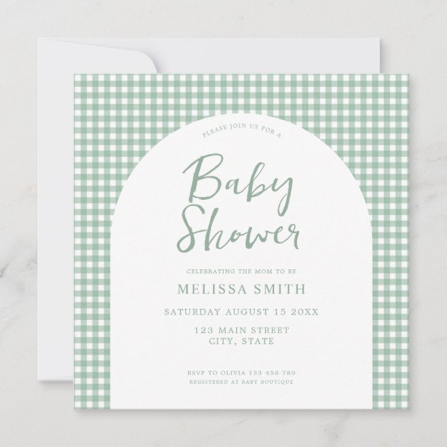 Invitación Gingham Sage Green Checkered Plaid Baby Shower (Anverso)