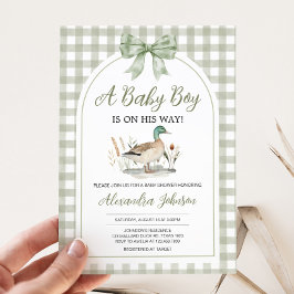 Invitación Gingham Sage Green Mallard Duck Baby Shower