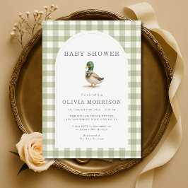 Invitación Gingham Sage Green Mallard Duck Bow Baby Shower