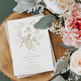 Invitación Gingham Sage Peter the Rabbit Monograma Baby Showe
