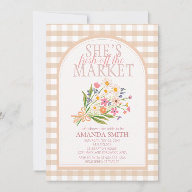 Invitación Gingham She’s Fresh Off the Market Bridal Shower (Anverso)