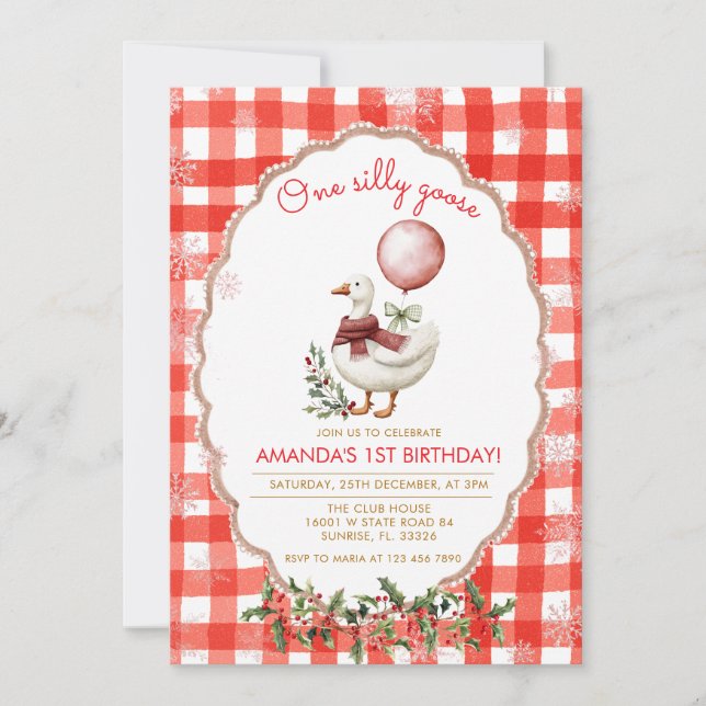 Invitación Gingham Silly Goose 1er Cumpleaños Invierno Navida (Anverso)