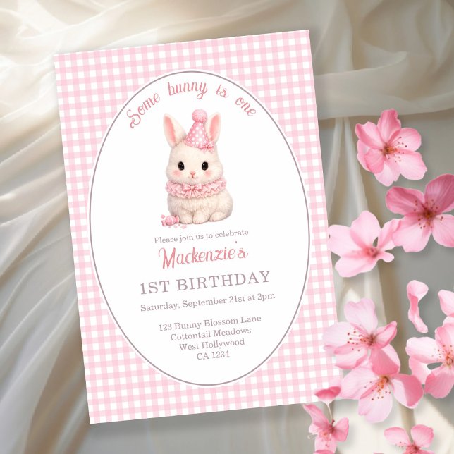 Invitación Gingham Some Bunny Is One Birthday Personalized (Gingham Some Bunny Is One Birthday Personalized Invitation by Ricaso. Pink bunny rabbit party)