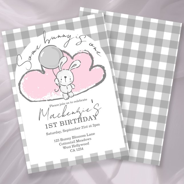 Invitación Gingham Some Bunny Is One Birthday Personalized (Gingham Some Bunny Is One Birthday Personalized Invitation by Ricaso. Pink bunny rabbit party)