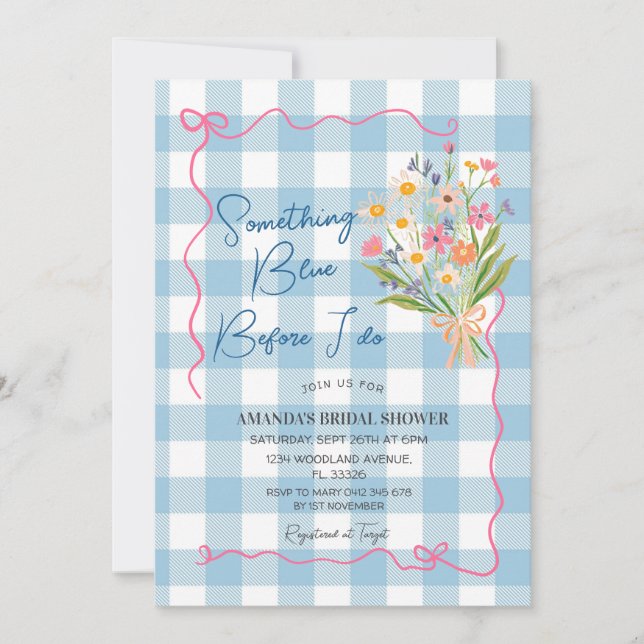 Invitación Gingham Something Blue Before I Do Bridal Shower (Anverso)