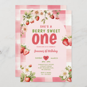 Invitación Gingham Strawberry Sweet One Berry 1er cumpleaños