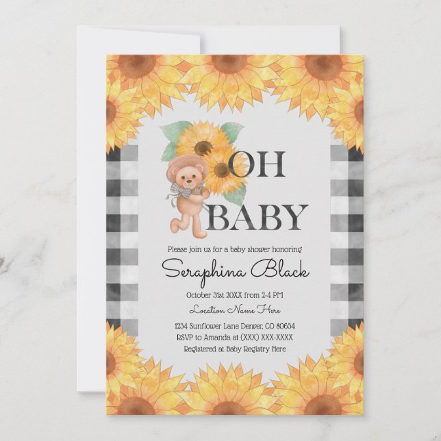 Invitación Gingham Sunflower Teddy Bear Baby Shower (Anverso)