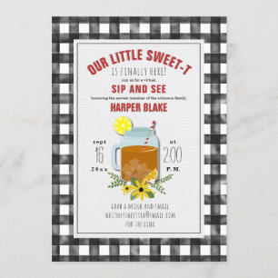 Invitación Gingham Sweet Tea Floral Baby Virtual Sip & See