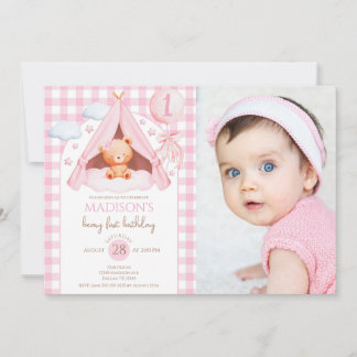 Invitación Gingham Teddy Bear Balloon Photo Girl 1st Birthday