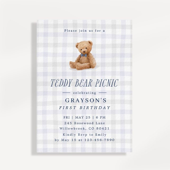 Invitación Gingham Teddy Bear Picnic First Birthday  (Subido por el creador)