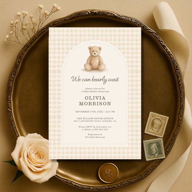 Invitación Gingham Teddy Bear We Can Bearly Wait (Subido por el creador)