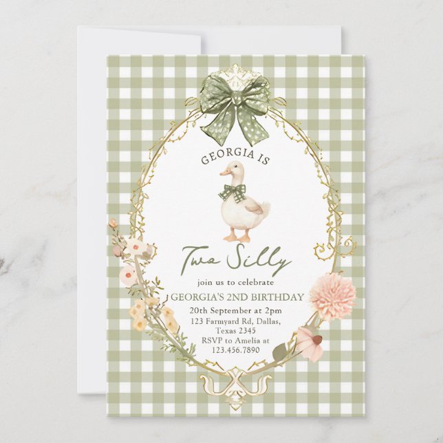Invitación Gingham Two Silly Goose 2nd Birthday Invitation (Anverso)