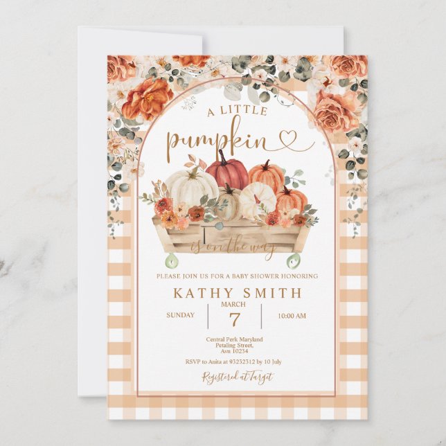 Invitación Gingham Un poco de calabaza está en camino Baby Sh (Anverso)
