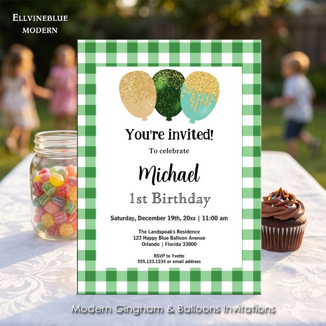 Invitación Gingham Verde, Globos de Fiesta Cumpleaños 1 (Green gingham balloon invitations! For 1st Birthday or any birthday. Size 5” x 7”.)
