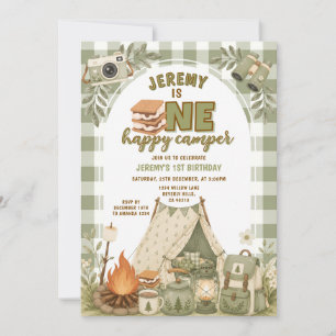 Invitación Gingham Verde para Fiesta de Camping con S'mores p