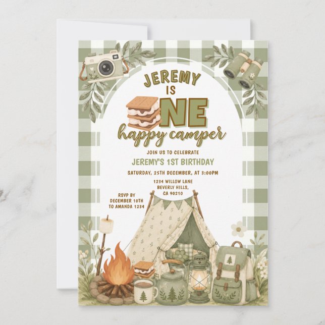 Invitación Gingham Verde para Fiesta de Camping con S'mores p (Anverso)