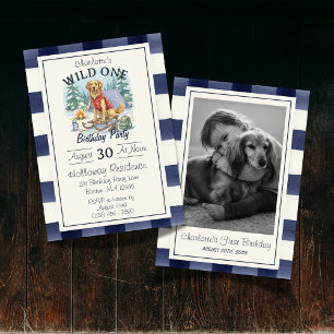 Invitación Gingham Wild One Golden Retriever 1º cumpleaños