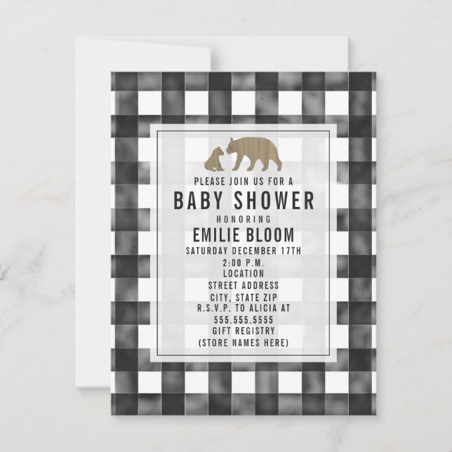 Invitación Gingham Wood Bears Baby Shower (Anverso)