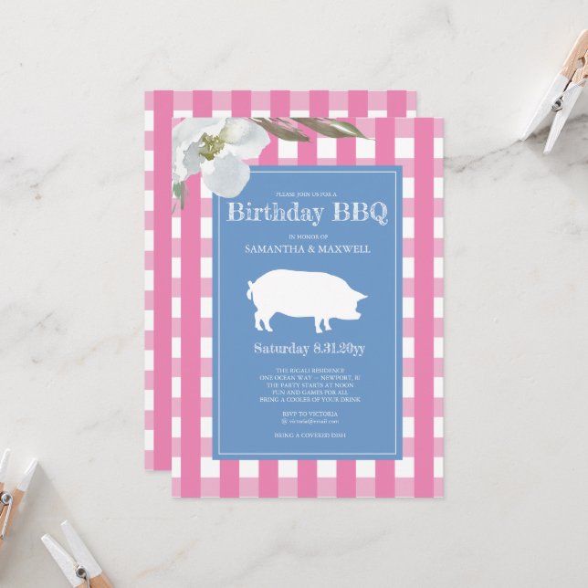 Invitación Gingham y Cerdo Pink Birthday (Anverso/Reverso In Situ)
