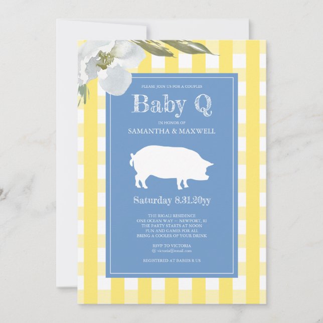 Invitación Gingham y Pig Baby Q Baby Shower (Anverso)