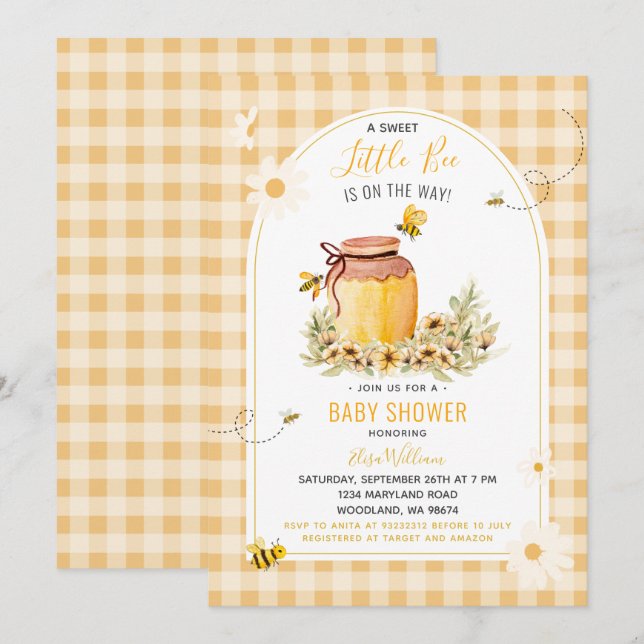 Invitación GinghamSweet Little Bee está en camino a Baby Show (Anverso / Reverso)