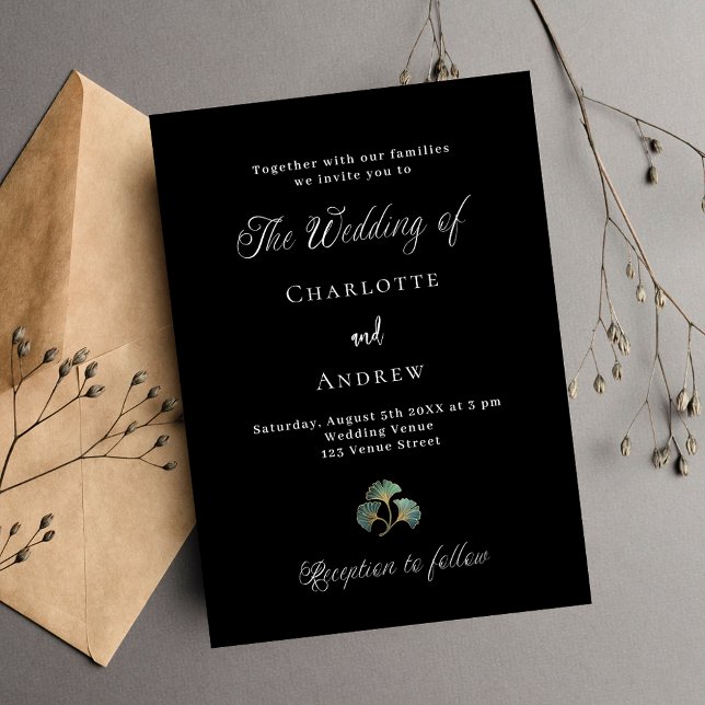 Invitación ginkgo de verde negro boda deja un guión simple (Subido por el creador)