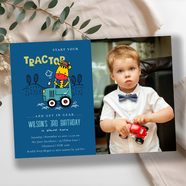 Invitación Girafa Azul En Los Niños Del Tractor De Granjas Fo (Subido por el creador)