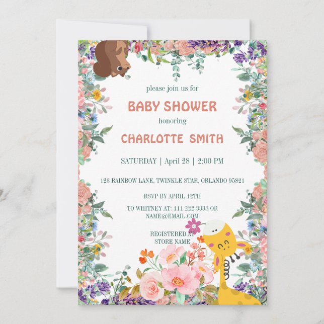 Invitación Girafa cutánea floral acuarela bebé ducha (Anverso)