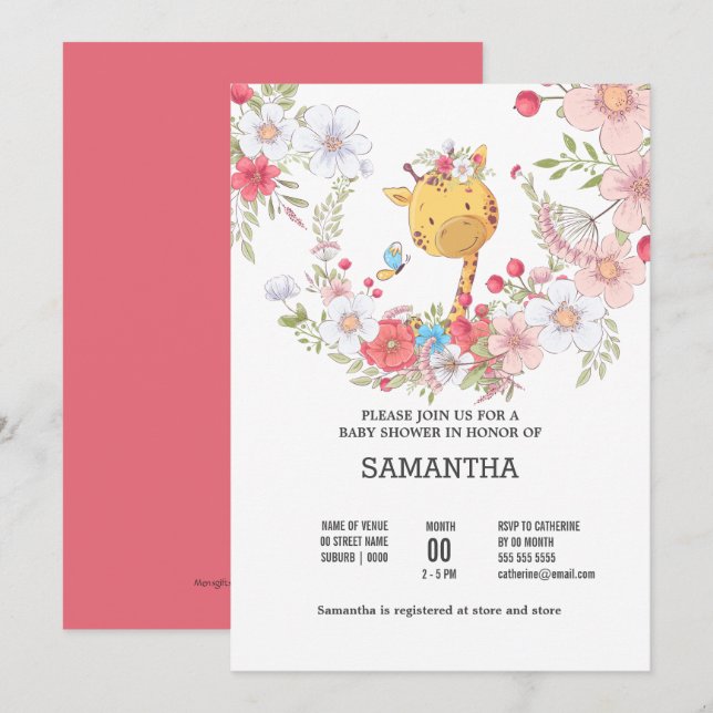 Invitación Girafa de bebé flor corona linda mariposa rosa (Anverso / Reverso)
