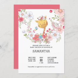 Invitación Girafa de bebé flor corona linda mariposa rosa