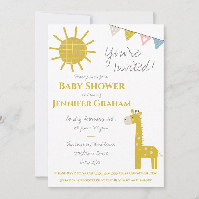 Invitación Girafa de oro, género neutral, Baby Shower (Anverso)