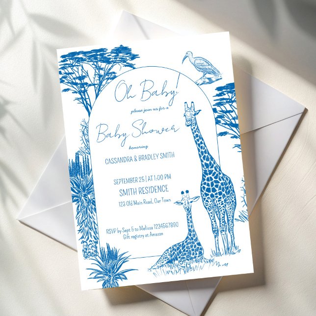 Invitación Girafa de toile azul Safari ducha bebé (Safari dusty blue toile de jouy giraffe baby shower invitation template African safari invitations)