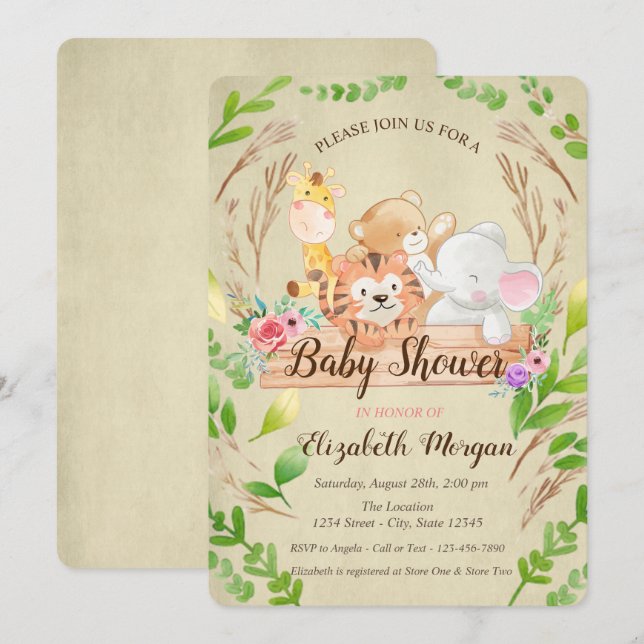 Invitación Girafa del bebé, elefante, oso, Baby Shower de la  (Anverso / Reverso)