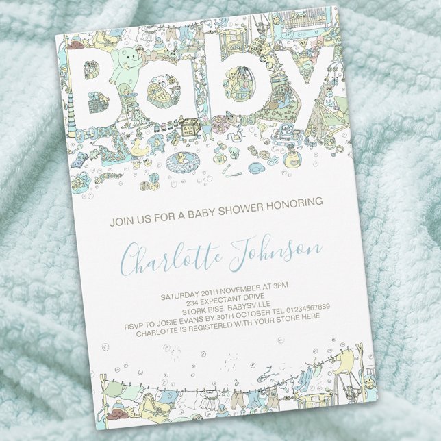 Invitación Girafa del oso elefante Watercolor Azul (Boy baby shower invitation )