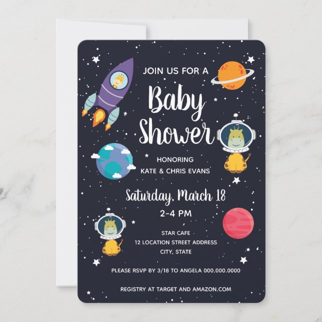 Invitación Girafa en la Galaxia de la Marina Espacial Baby Sh (Anverso)