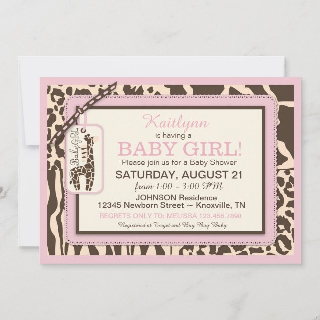 Invitación Girafa para la impresión de animales y Baby Shower (Reverso)