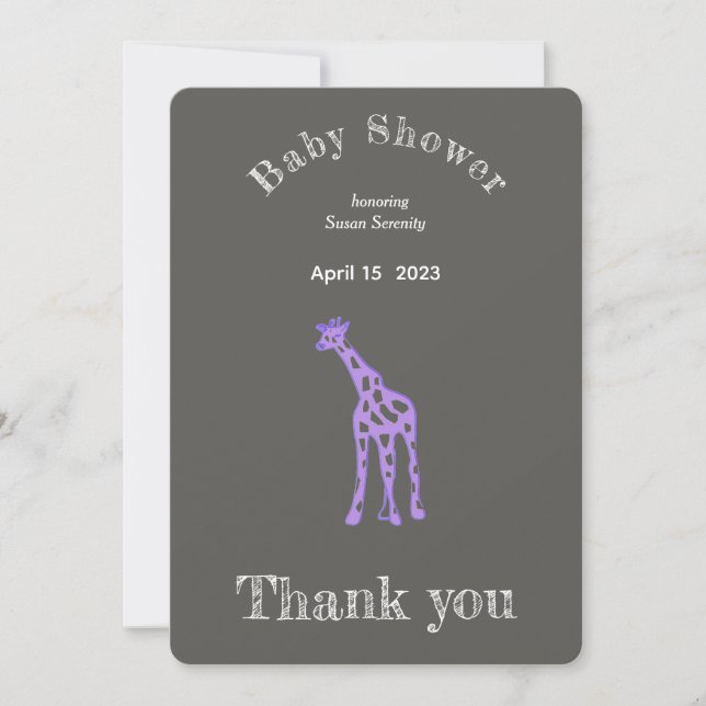 Invitación Girafa púrpura ducha bebé - gracias (Anverso)