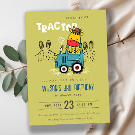 Invitación Girafa Verde Brillante En Los Niños Del Tractor De