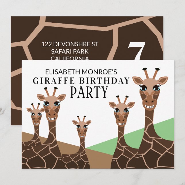 Invitación Girafas en curso, fiesta de cumpleaños de jirafa (Anverso / Reverso)