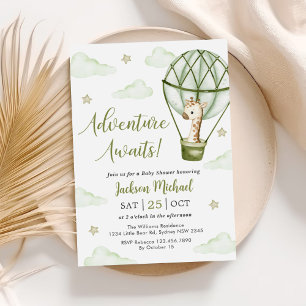 Invitación Girafat Hot Air Balloon Green Boy Baby Shower