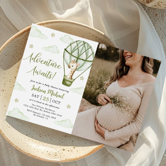 Invitación Girafby Hot Air Balloon Green Baby Shower Photo