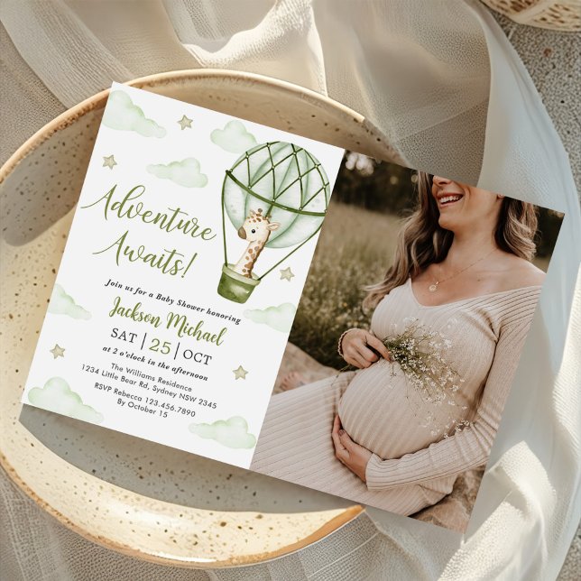 Invitación Girafby Hot Air Balloon Green Baby Shower Photo (Subido por el creador)