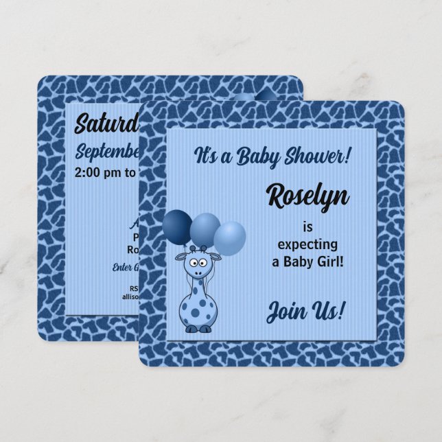 Invitación Giraffe azul para los niños Baby Shower (Anverso / Reverso)