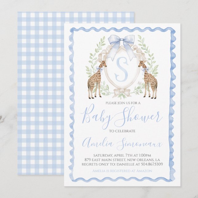 Invitación Giraffe Baby Boy Shower Preppy Gingham Blue (Anverso / Reverso)