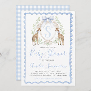 Invitación Giraffe Baby Boy Shower Preppy Gingham Blue
