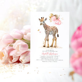 Invitación Giraffe Baby Cute Pink Brown Gold Chica Baby Showe