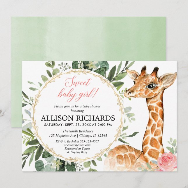 Invitación Giraffe baby ducha, dulce tema de la jungla de las (Anverso / Reverso)