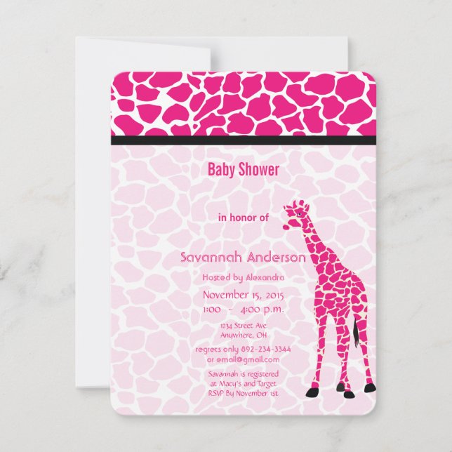 Invitación Giraffe Baby Girl PINK Patrón moderno Baby Shower (Anverso)